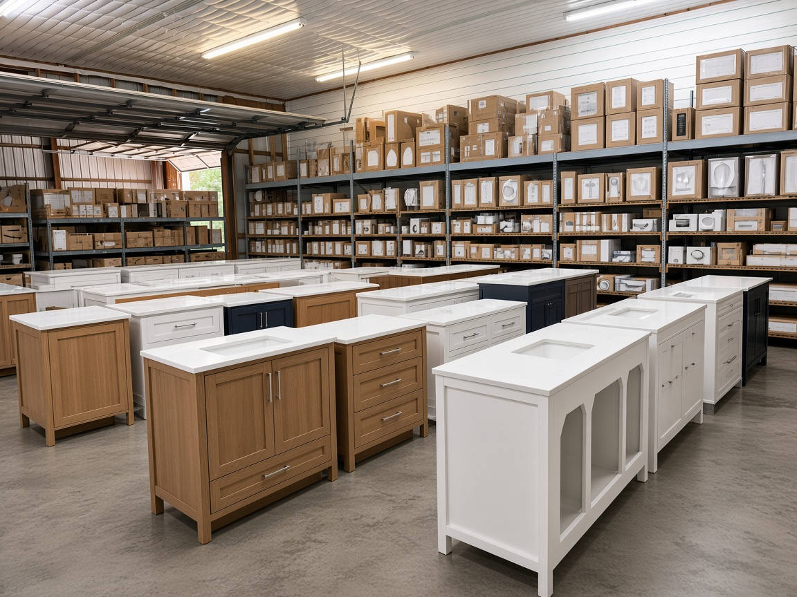 Wide view inside Austin's Home Supply & More showing rows of bathroom vanities, cabinets and shelves of boxed home-improvement inventory