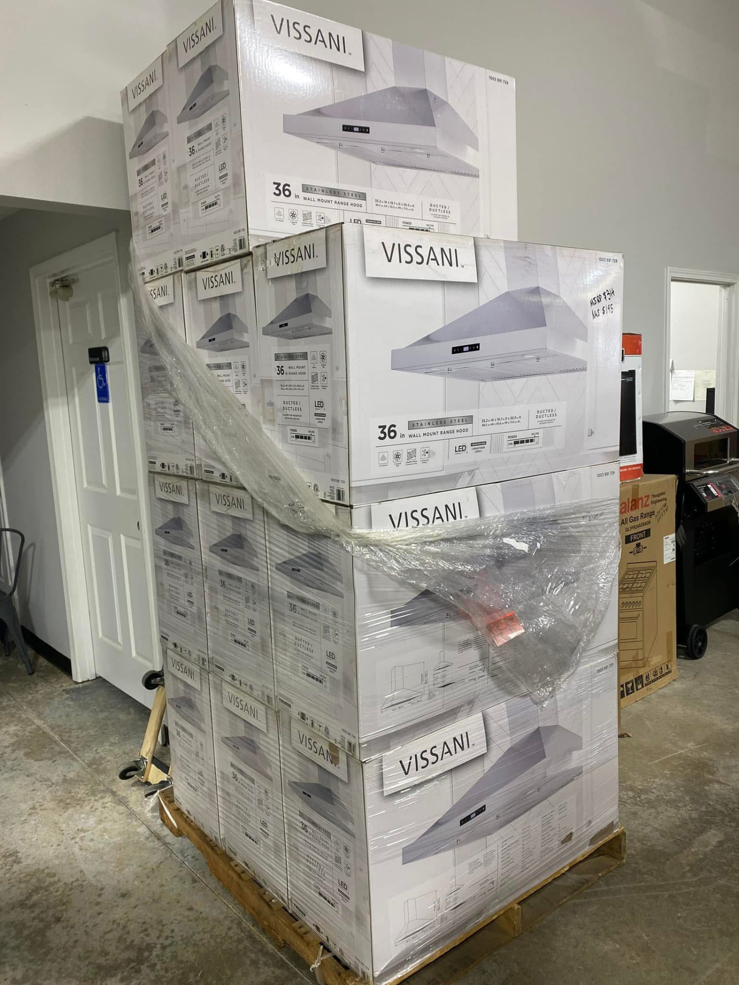 Pallet of boxed Vissani 36 inch stainless steel wall mount range hoods