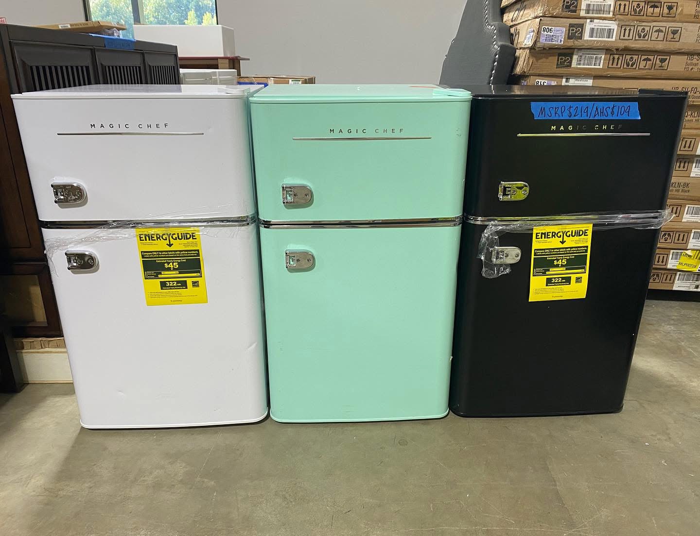 Three Magic Chef retro compact two-door refrigerators in white, mint and black